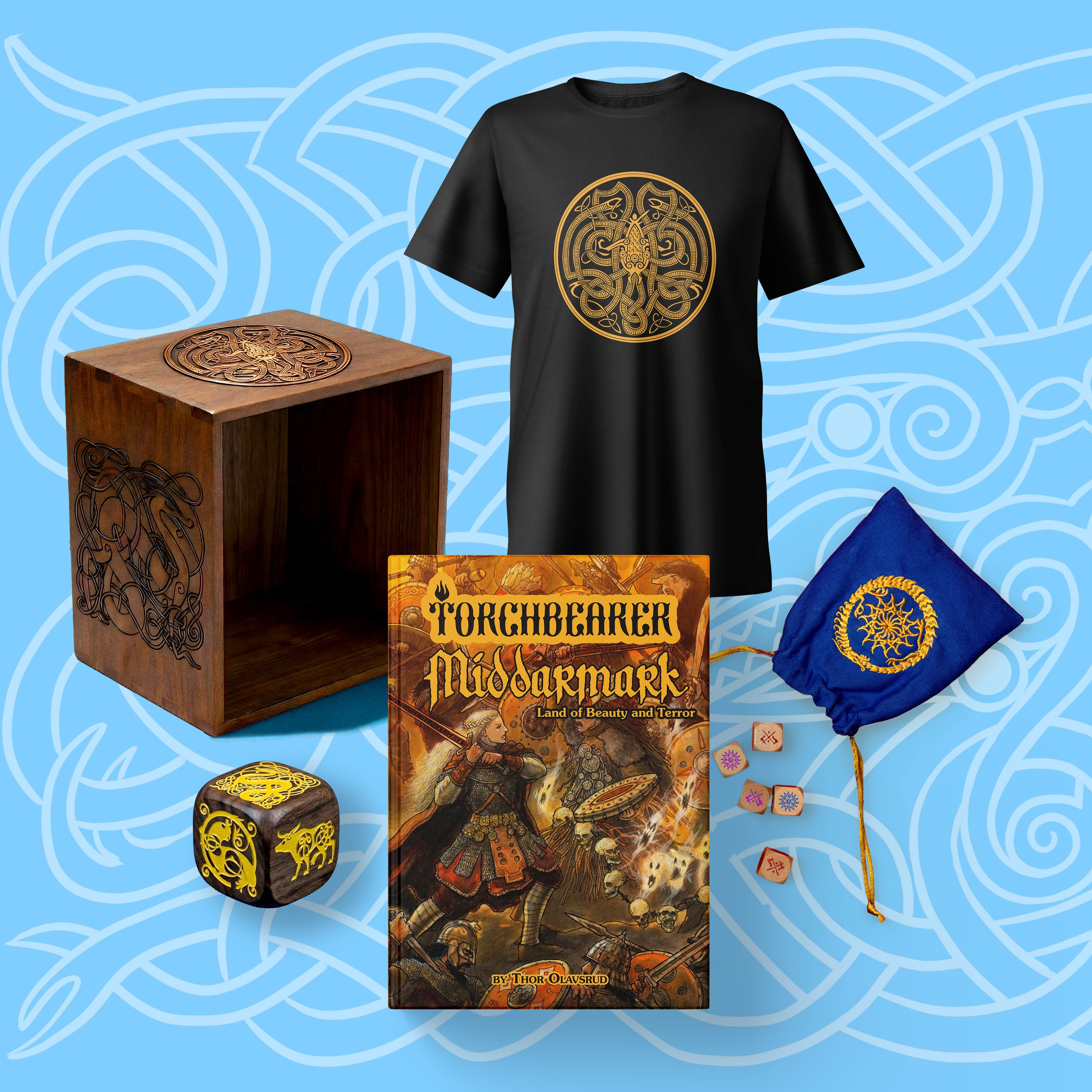 Middarmark 2e Book, T-shirt, Wooden Box and Dice Bundle