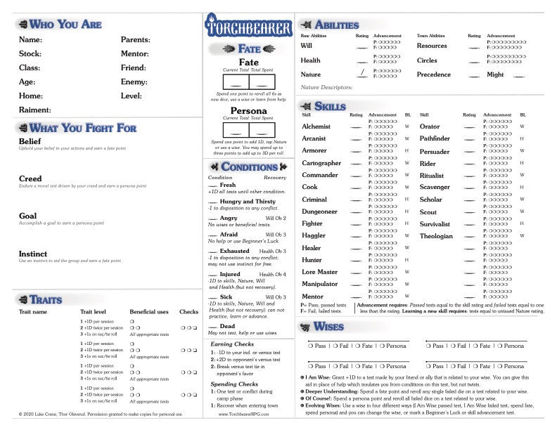 Torchbearer 2E Character Sheets PDF